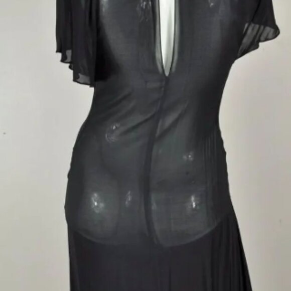 Vintage Black Silk Deep-V Scoop Neck Semi-sheer Drop Waist Asymmetrical Dress - Picture 6 of 7